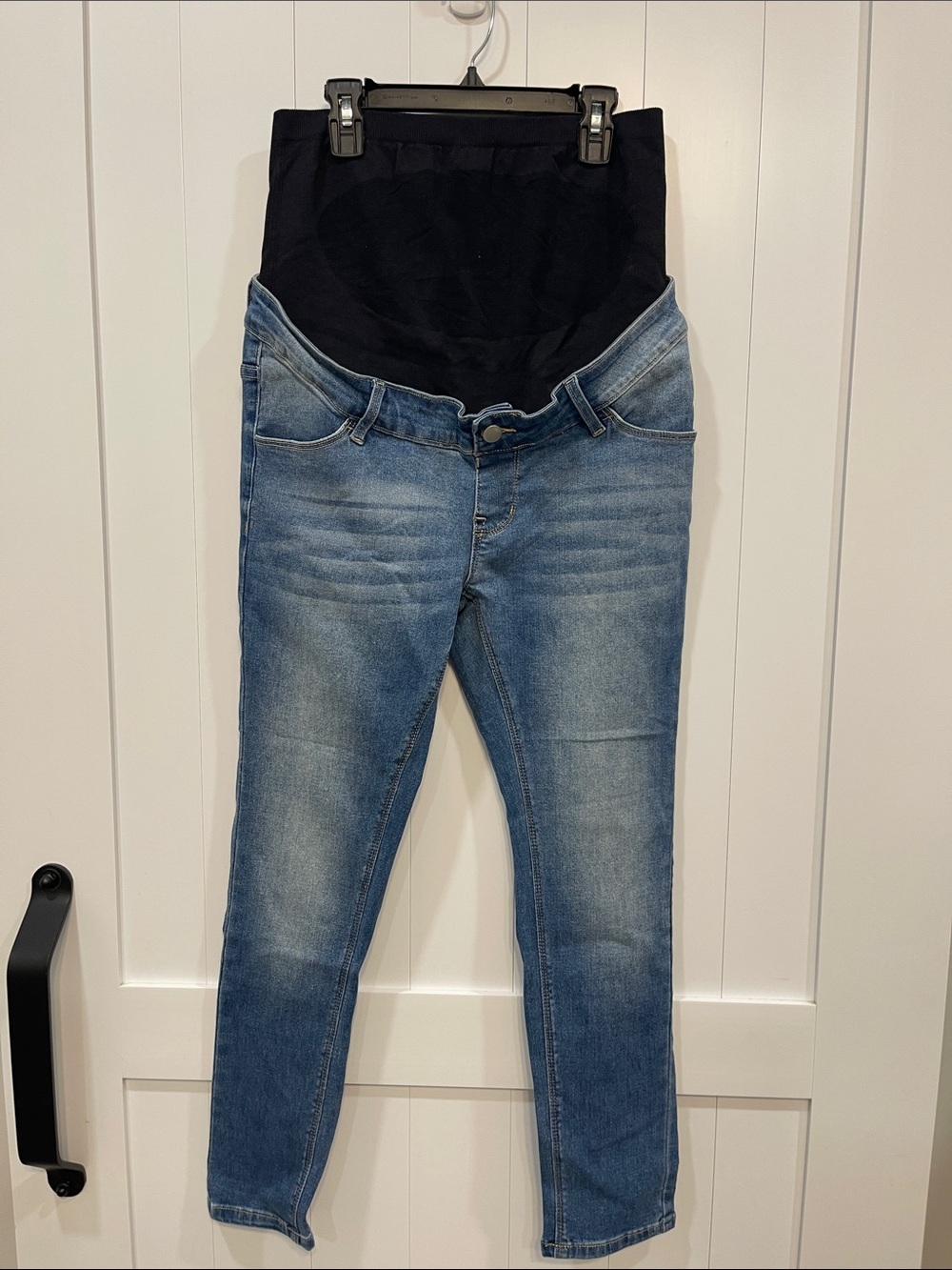 Maternity Skinny Jeans in Light Blue with Black Belly Panel extra small denim